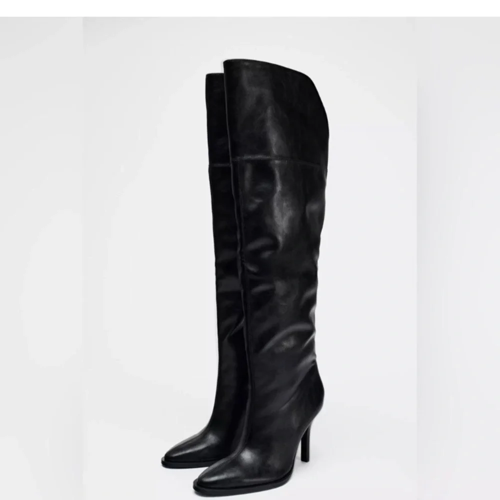 Zara NWT knee high pull on Black Stiletto heel Women's Boots size 6 1/2 or 37